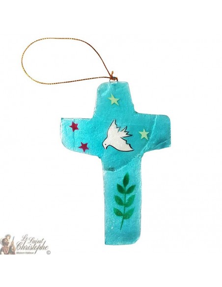 Croix en nacre - colombe bleue étoiles