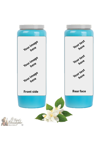 Vela Novena azul claro aroma jazmín-iris - personalizable - caja 20 unidades