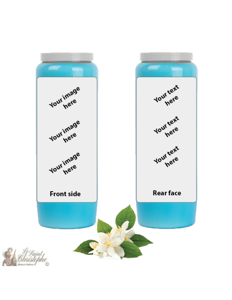 Candela di novena azzurra con profumo di gelsomino e iris, calmante e purificante, personalizzabile con la vostra immagine e tes