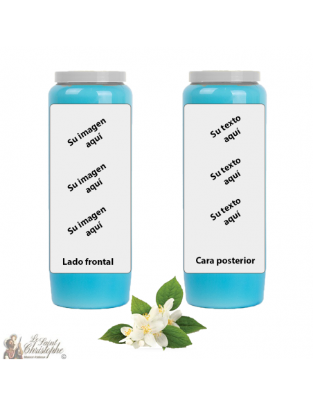 Vela Novena azul claro aroma jazmín-iris - personalizable - caja 20 unidades