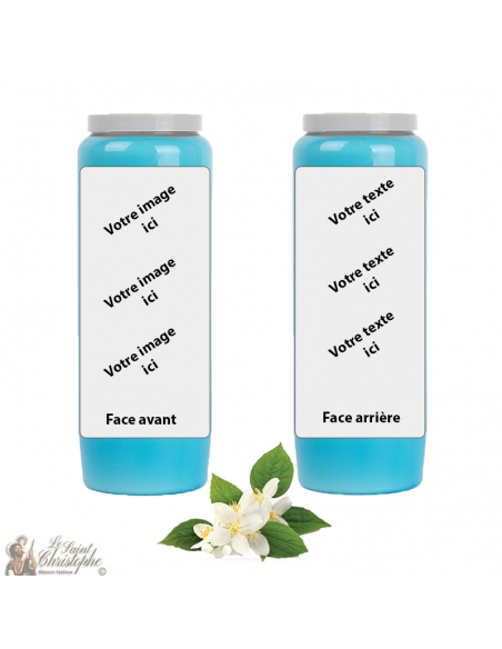 Bougie de neuvaine bleu clair parfum Jasmin-Iris - personnalisable - carton 20 pièces