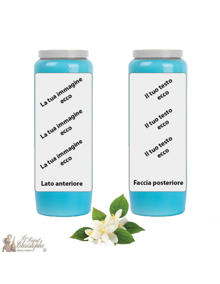 Vela Novena azul claro aroma jazmín-iris - personalizable - caja 20 unidades