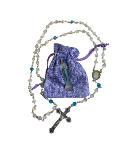 Banneux religious rosary stone cat's eye white and blue