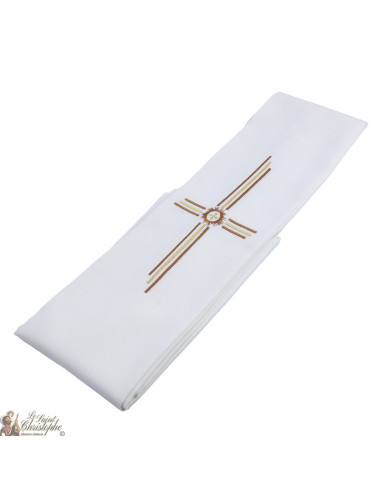 Stola da prete beige crema con ricamo a croce oro e marrone