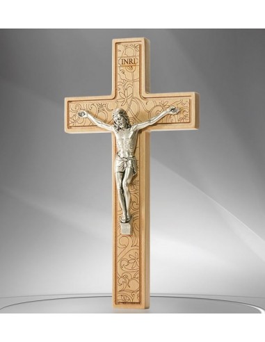 Croce di legno con fiori e Cristo - 16 cm