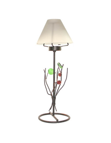 Wrought iron candle holder with green leaves and white glass
