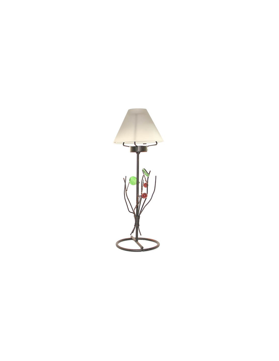 Wrought iron candle holder with green leaves and white glass