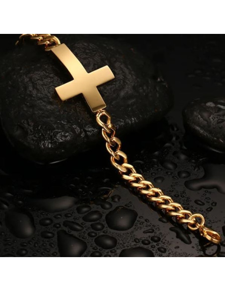 Bracelet with gold plated stainless steel cross for men