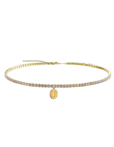 Collar de pedrería con gargantilla medalla de San Benito acero inoxidable dorado