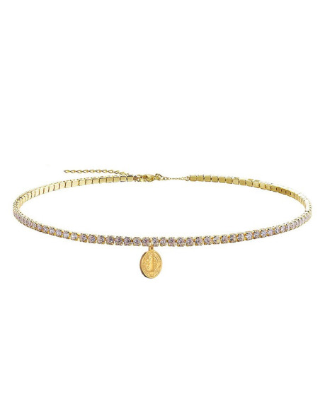 Collier strass avec médaille Saint Benoît ras de cou acier inoxydable doré
