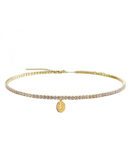 Strass ketting met Sint-Benedictusmedaille choker roestvrij staal goudkleurig
