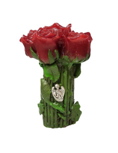 Candle with red rose flowers and Guardian Angel pins