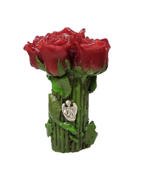 Kaars met roodroze bloemen en beschermengelspelden