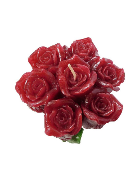 Kerze mit roten Rosenblüten und Kiefernschutzengel