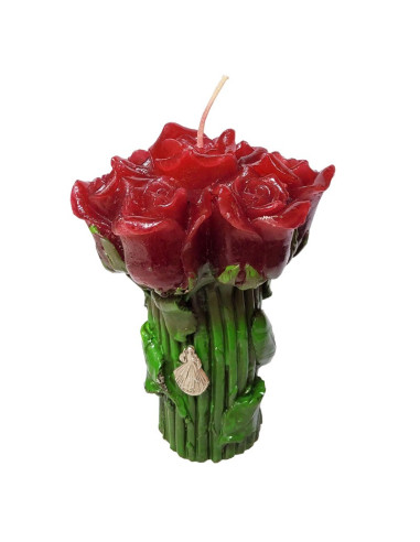 Candela con rose rosse e spilla di Cristo Misericordioso