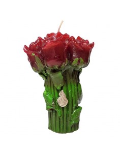 Bougie fleurs roses rouges et pin's Christ Miséricordieux