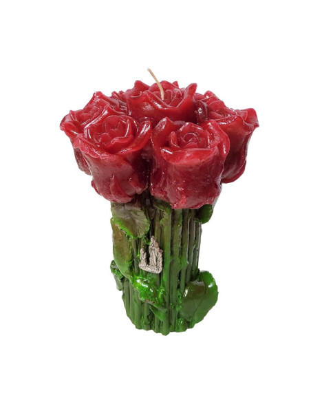 Kaars met rood roze bloemen en Lourdes verschijning pinnen