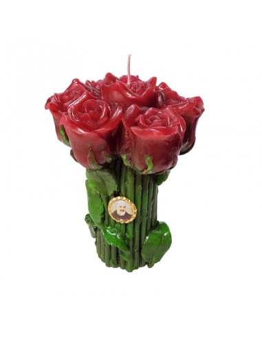 Bougie fleurs roses rouges et pin's Padre Pio - 1