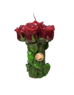 Kaars met roodroze bloemen en Padre Pio-spelden - 2