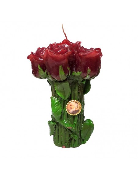 Bougie fleurs roses rouges et pin's Padre Pio - 2