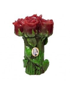 Bougie fleurs roses rouges et pin's Sainte Thérèse