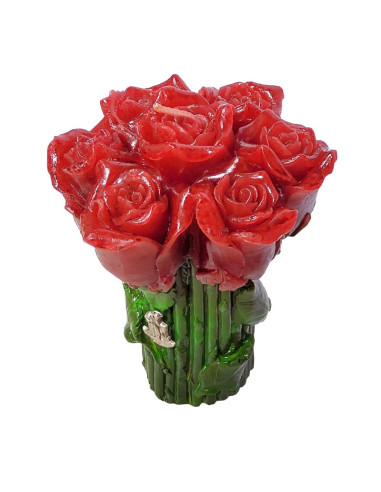 Vela con rosas rojas y pin de San Francisco de Asís