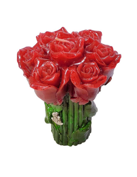 Bougie fleurs roses rouges et pin's Saint François d'Assise