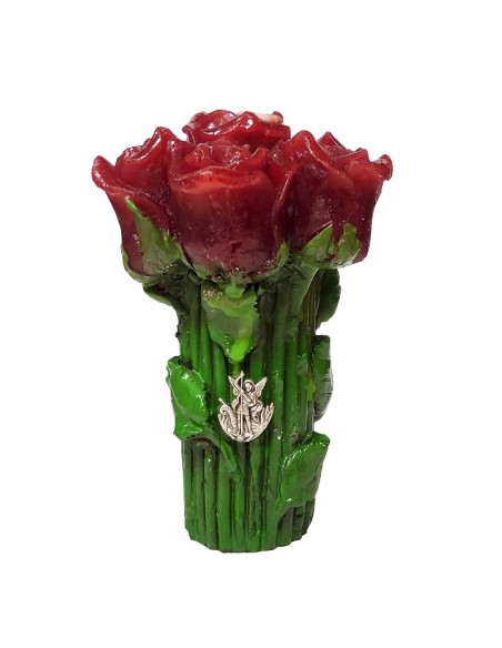Bougie fleurs roses rouges et pin's Archange Saint Michel