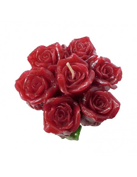 Candela con rose rosse e spilla della Vergine Miracolosa