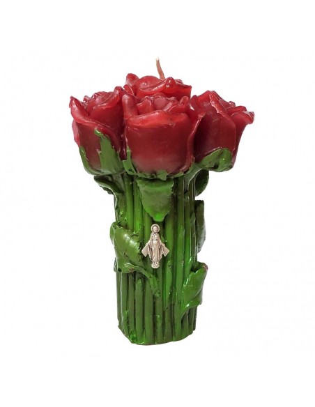 Bougie fleurs roses rouges et pin's Vierge Miraculeuse
