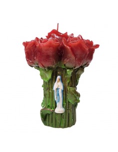 Candela con rose rosse e spilla della Vergine dei Poveri di Banneux