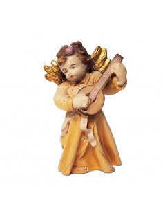 Colored carved natural wood angel - mandolin - 8 cm