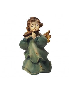 Angel in natural wood carved color - wooden flute - 8 cm