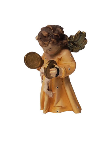 Ange en bois naturel sculpté couleur - cymbales - 8 cm