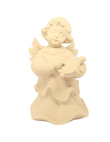 Ange en bois naturel sculpté - lyre - 14 cm