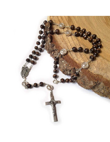 Chapelet Padre Pio et Vierge Marie perles en bois et mousqueton