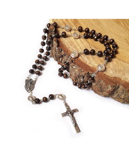Padre Pio and Virgin Mary wooden rosary beads and snap hook