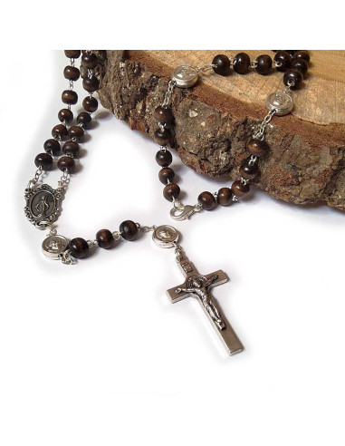 Rosario de madera Padre Pío y Virgen María con cuentas y mosquetón