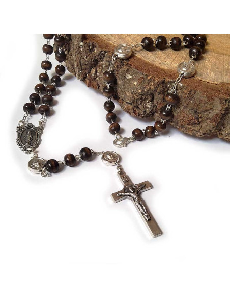 Rosario in legno e moschettone Padre Pio e Vergine Maria