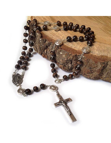 Chapelet Padre Pio et Vierge Marie perles en bois et mousqueton