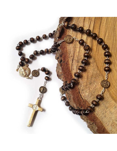 Rosary medal of Saint Benedict wood, gold metal