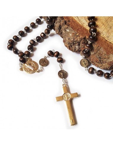 Medalla Rosario de madera de San Benito, metal dorado