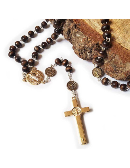 Rosary medal of Saint Benedict wood, gold metal
