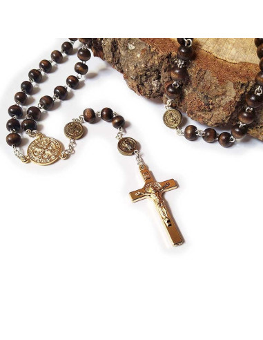 Rosary medal of Saint Benedict wood, gold metal
