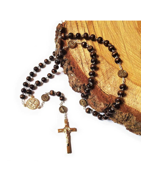 Rosary medal of Saint Benedict wood, gold metal