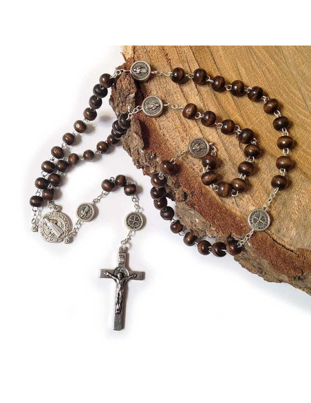 Medaglia rosario di San Benedetto legno metallo argentato