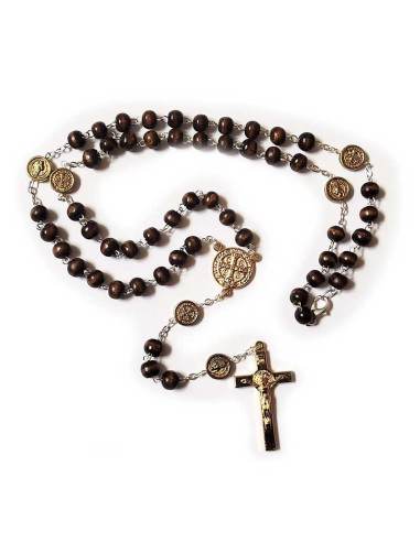 Saint Benedict medal rosary, gold metal wood - carabiner
