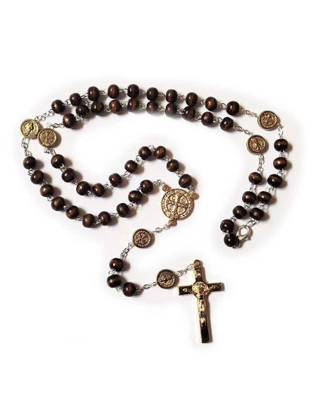 Saint Benedict medal rosary, gold metal wood - carabiner