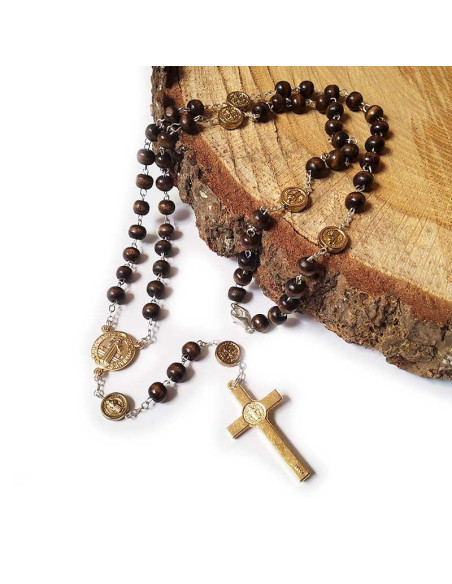 Rosario medaglia di San Benedetto, legno metallo dorato - moschettone