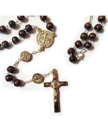 Saint Benedict medal rosary, gold metal wood - carabiner